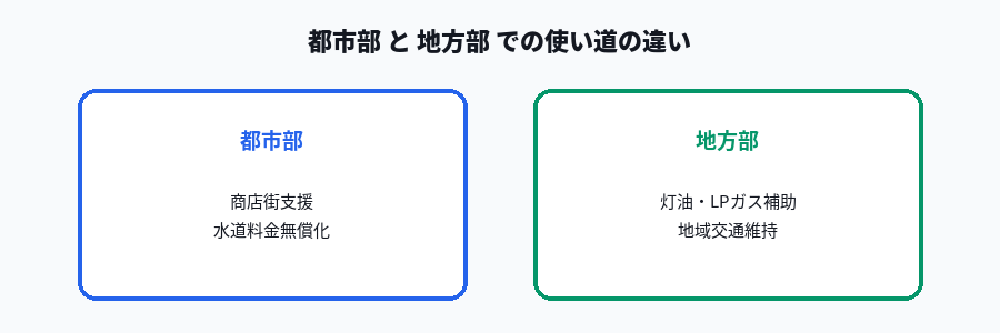 都市部と地方部での重点支援地方交付金の使い道の違いを示す図